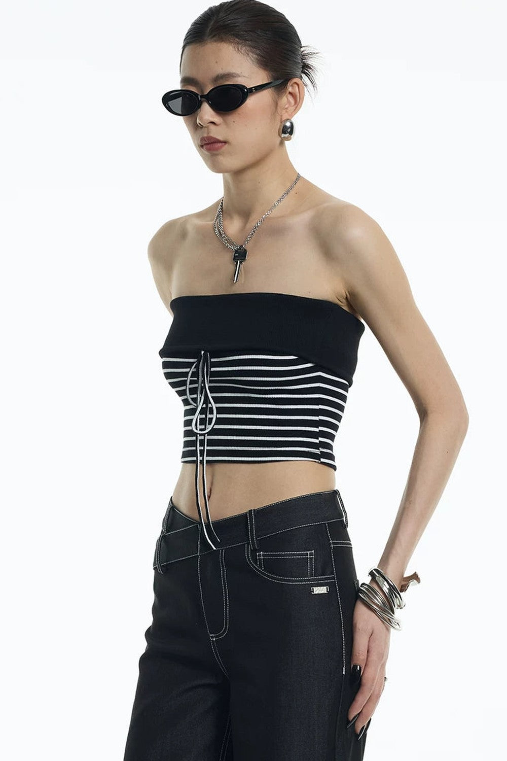 Black White Striped Ribbed Bandeau