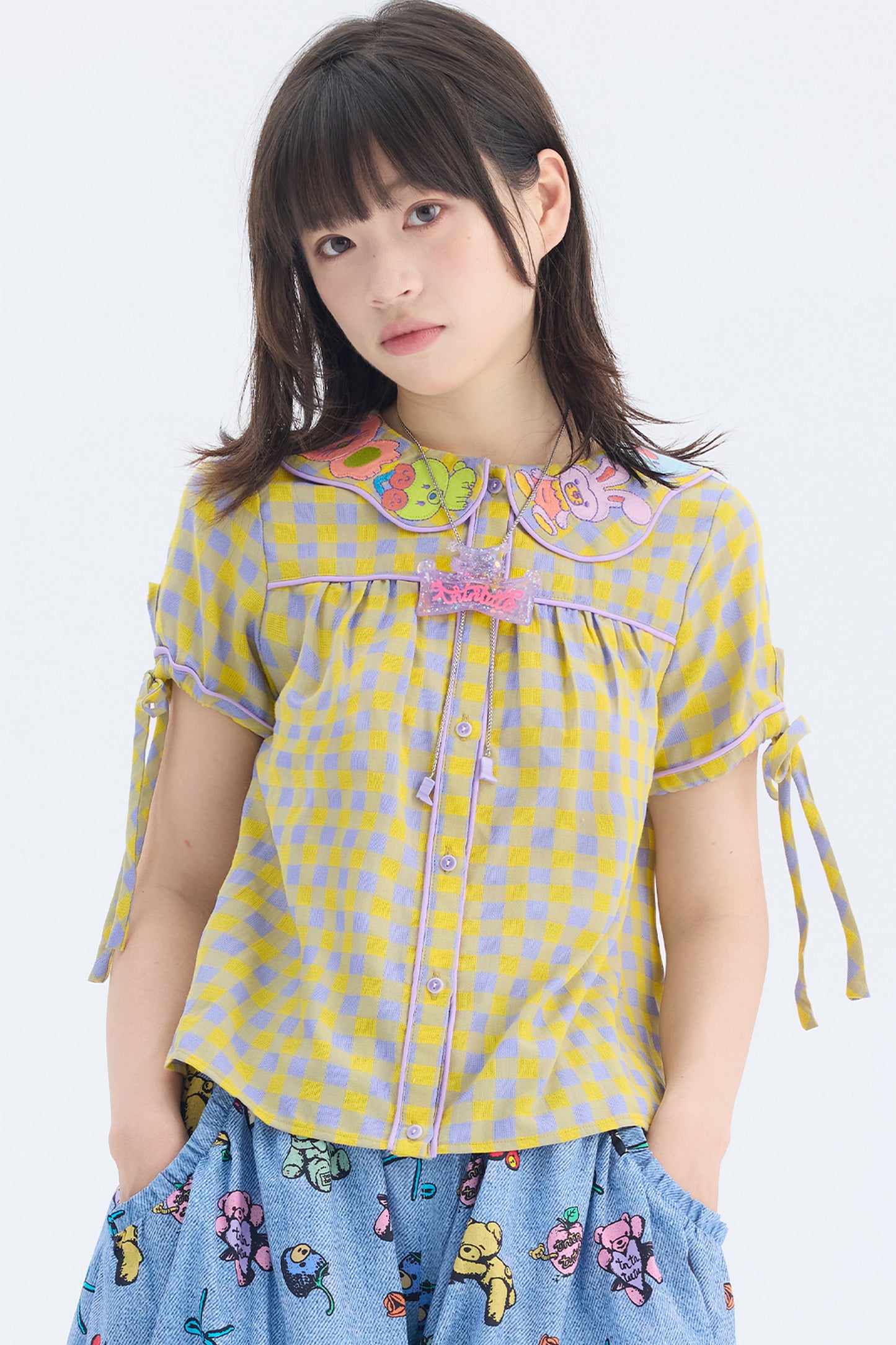 Yellow Purple Plaid Embroidered Doll Collar Shirt