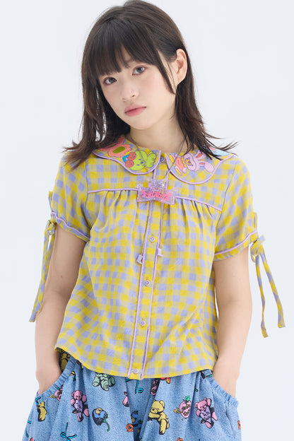 Yellow Purple Plaid Embroidered Doll Collar Shirt