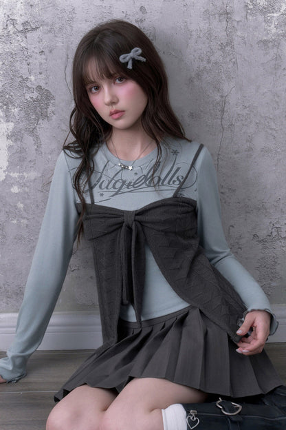 Blusa a maniche lunghe blu-grigia con fiocco e effetto a strati