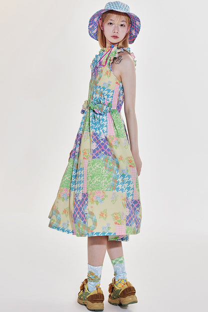 Plaid Patchwork Halter Neck Dress