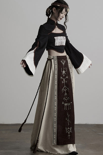 Embroidered Suede Panel Skirt