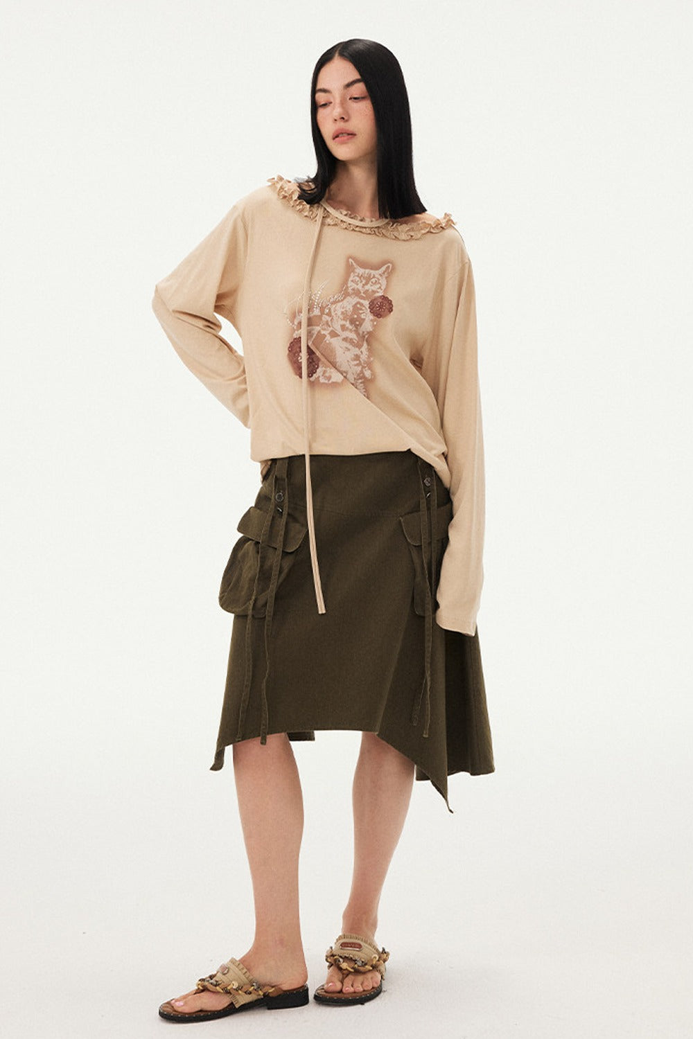 Cat Print Ruffle Off Shoulder Top