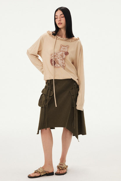 Cat Print Ruffle Off Shoulder Top