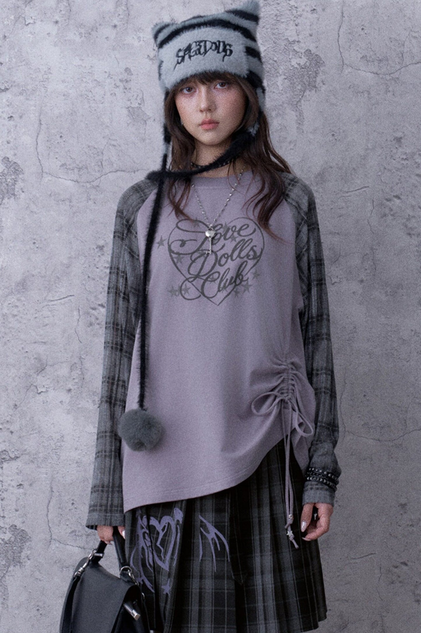 Gray-Purple Printed Raglan Drawstring T-Shirt and Skirt Set-Up