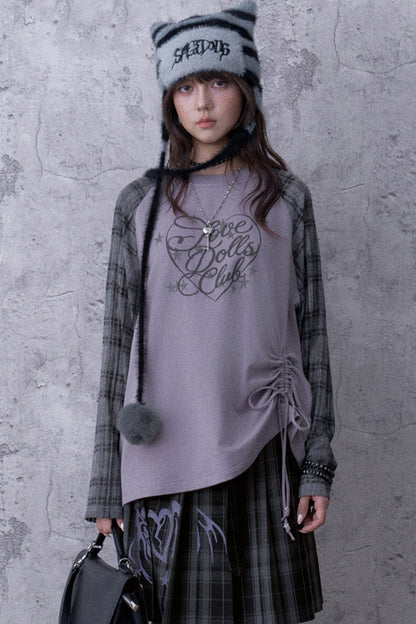 Gray-Purple Printed Raglan Drawstring T-Shirt and Skirt Set-Up