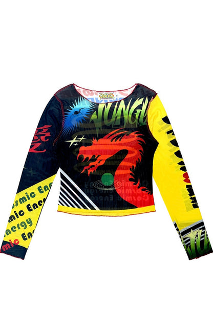 Y2K Graphic Long Sleeve Mesh Top