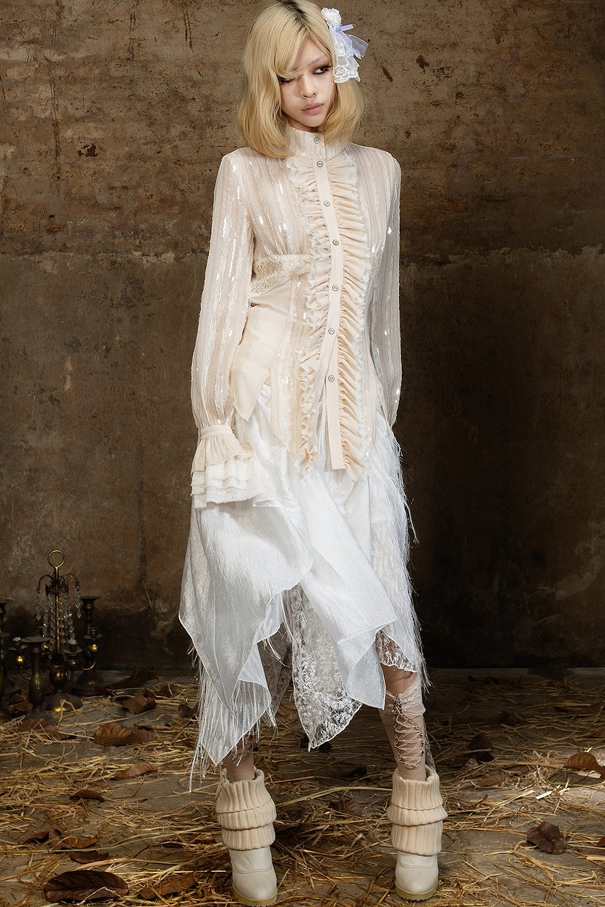 Lace Sequin Ruffle Gothic Shirt