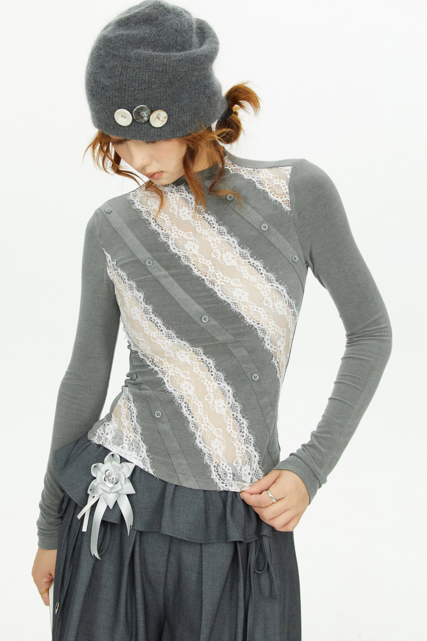 Gray Lace Knit Top