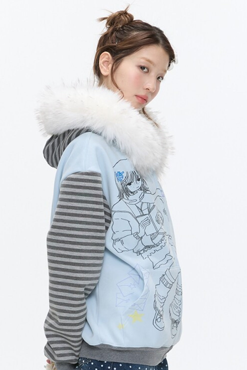 Striped Raglan Fur Collar Jacket