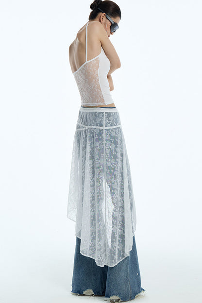 Sheer White Lace Side Ruffle Skirt