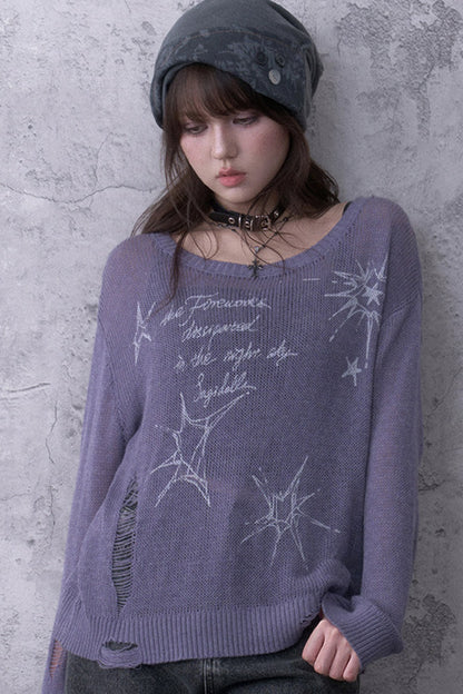 Purple Ripped Knit Mesh Print Sweater