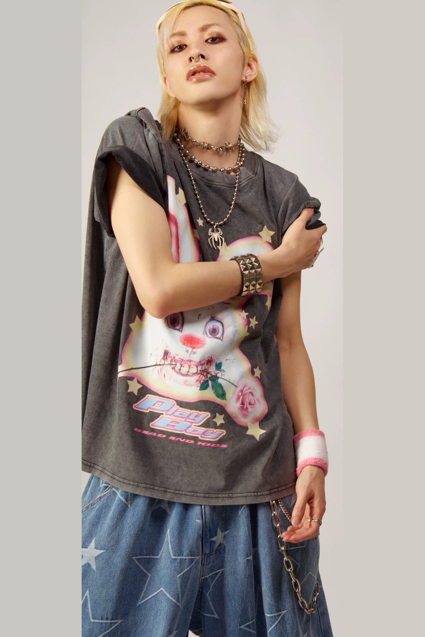 Loose Fit Punk Rock Rabbit Print T-Shirt