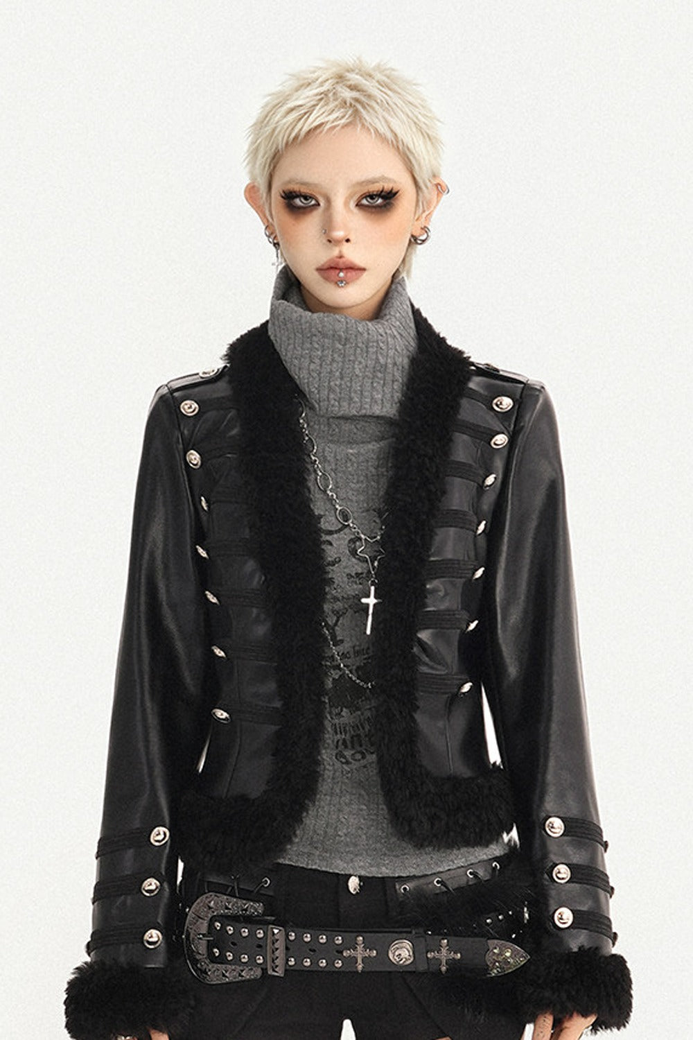 Black Leather Buttoned Fur Collar Jacket