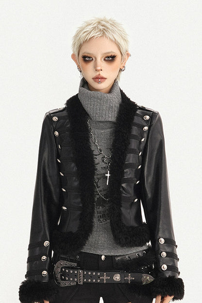 Black Leather Buttoned Fur Collar Jacket