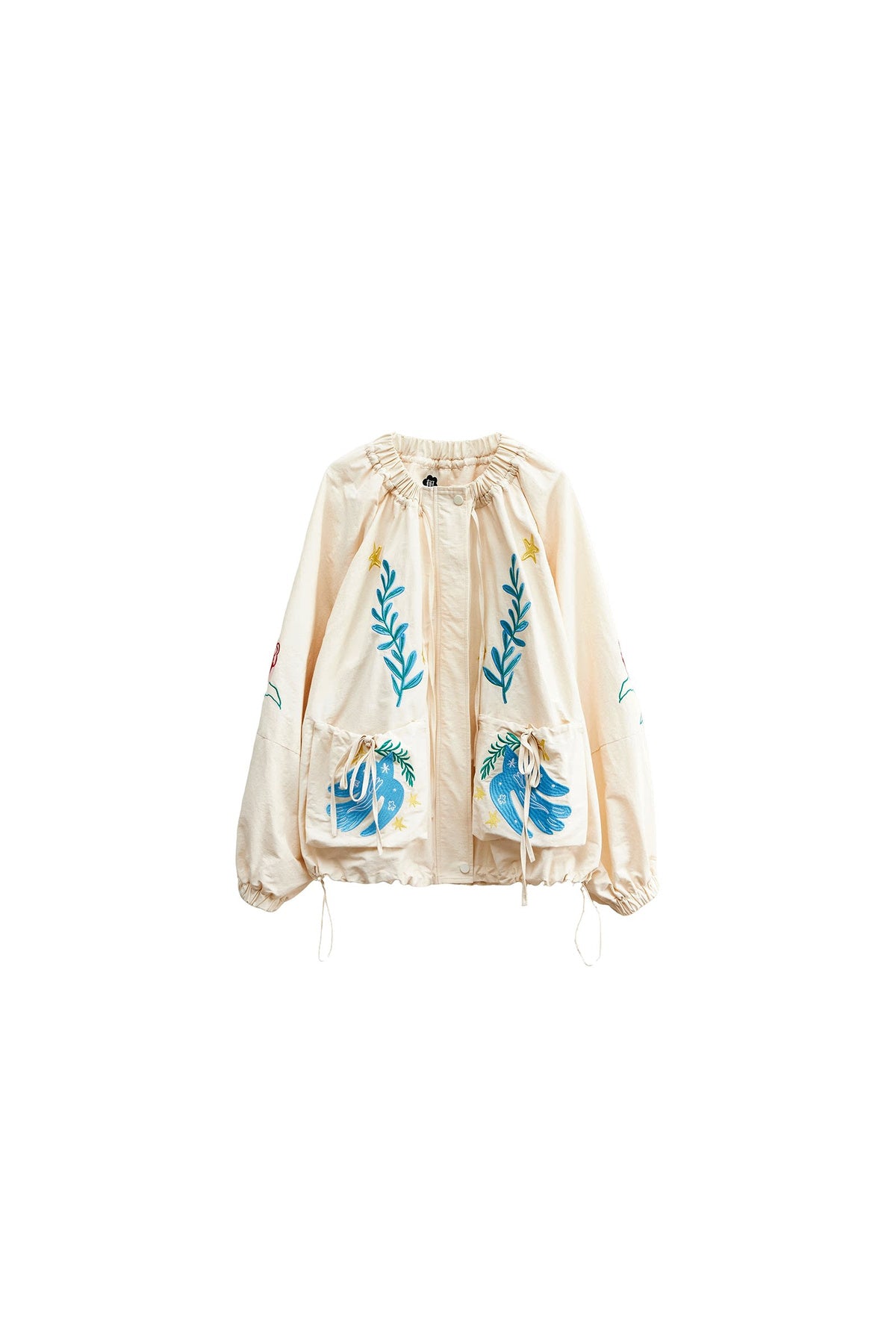 Loose Birds Olive Floral Embroidered Drawstring Jacket