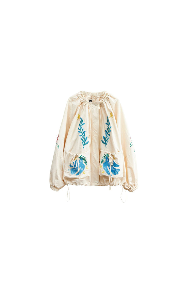 Loose Birds Olive Floral Embroidered Drawstring Jacket