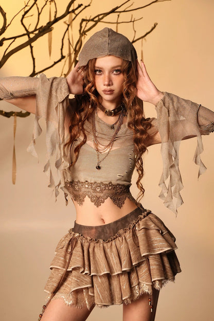 Wasteland Style Lace Camisole Hood Cape Sleeve Set-Up