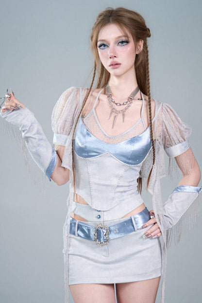 Y2K Lace Mesh Puff Sleeve Tie Cardigan Set-Up