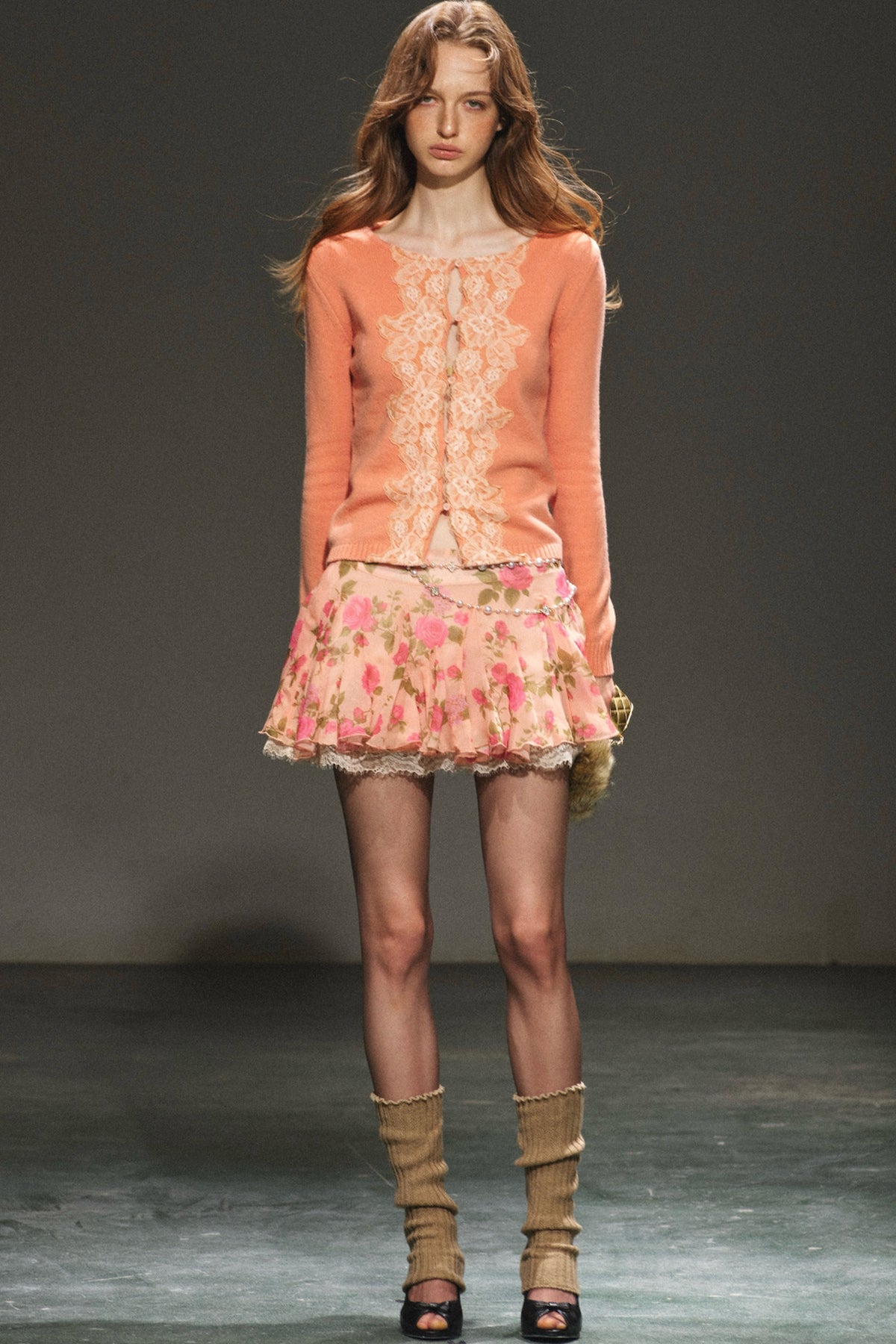 Lace Trim Wool Knit Cardigan and Chiffon Skirt
