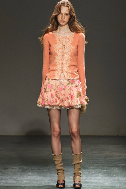 Lace Trim Wool Knit Cardigan and Chiffon Skirt