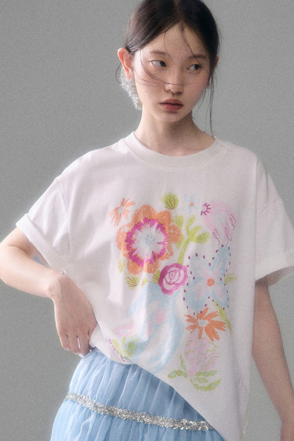Hand-Painted Floral Bird Embroidered T-Shirt