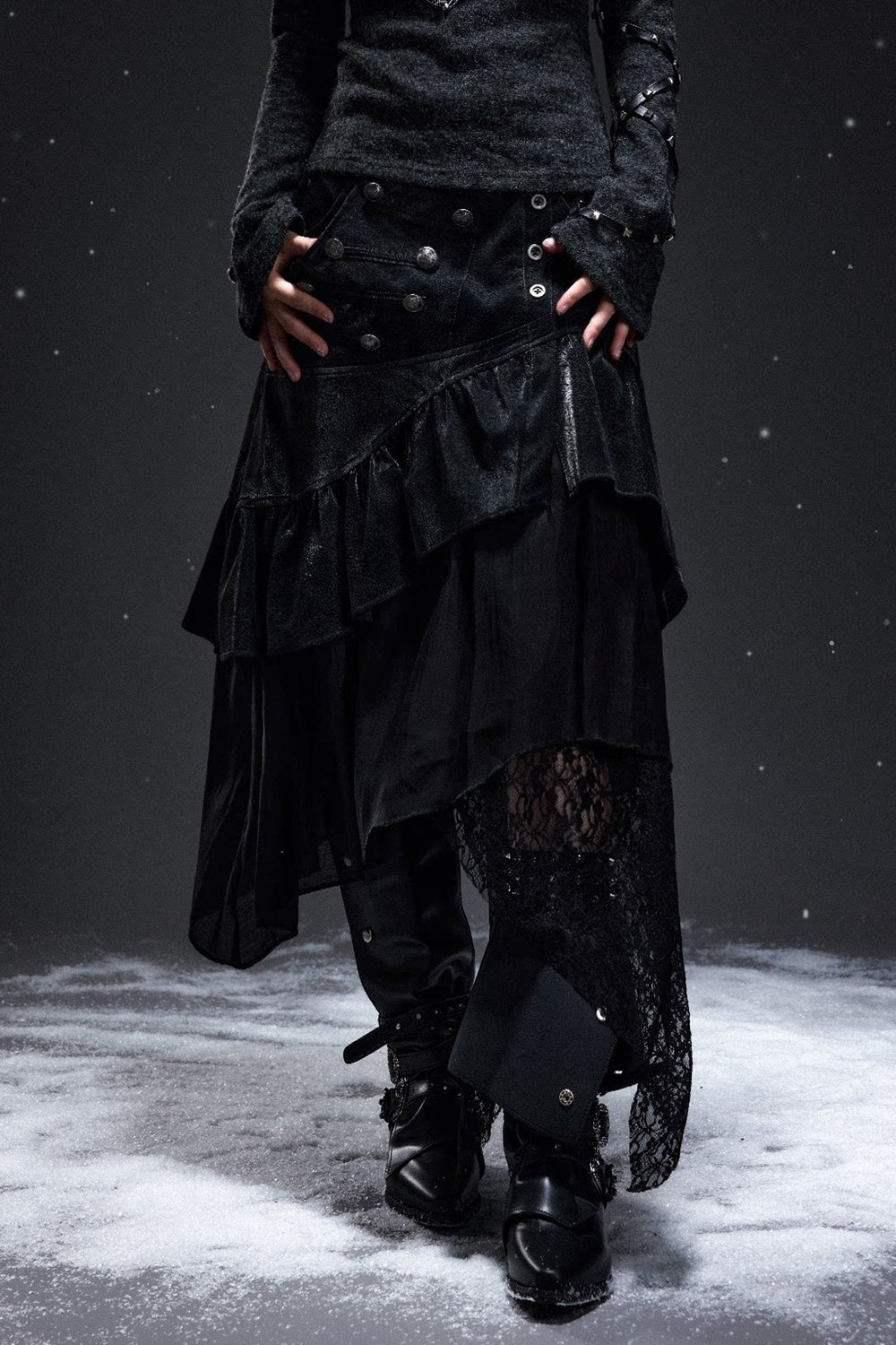 Palace-Style Suede Patchwork Asymmetrical Skirt