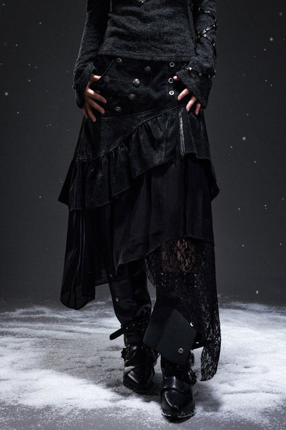 Palace-Style Suede Patchwork Asymmetrical Skirt