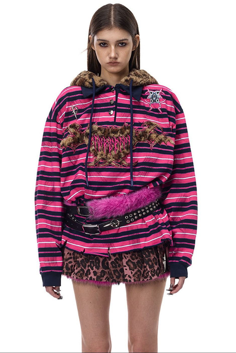 Blackmetal rosa gestreiftes Kapuzen-Sweatshirt