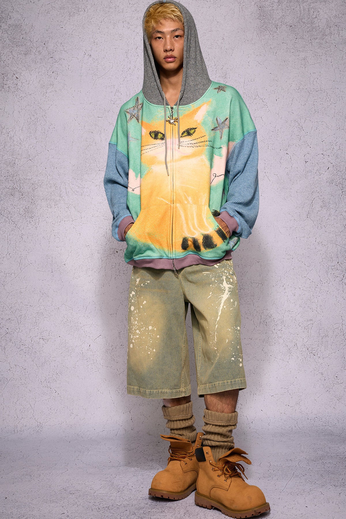 Cat Print Patchwork Sweatshirt Jacket