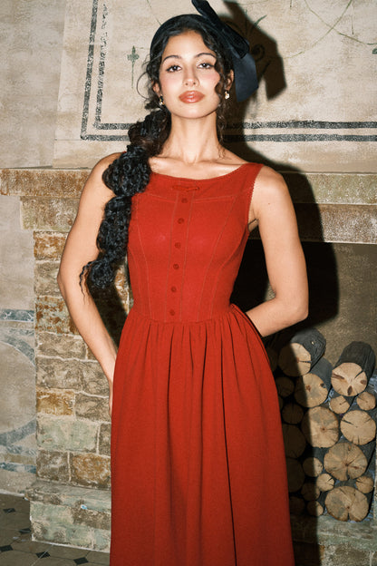 French Retro Red Strap Long Dress