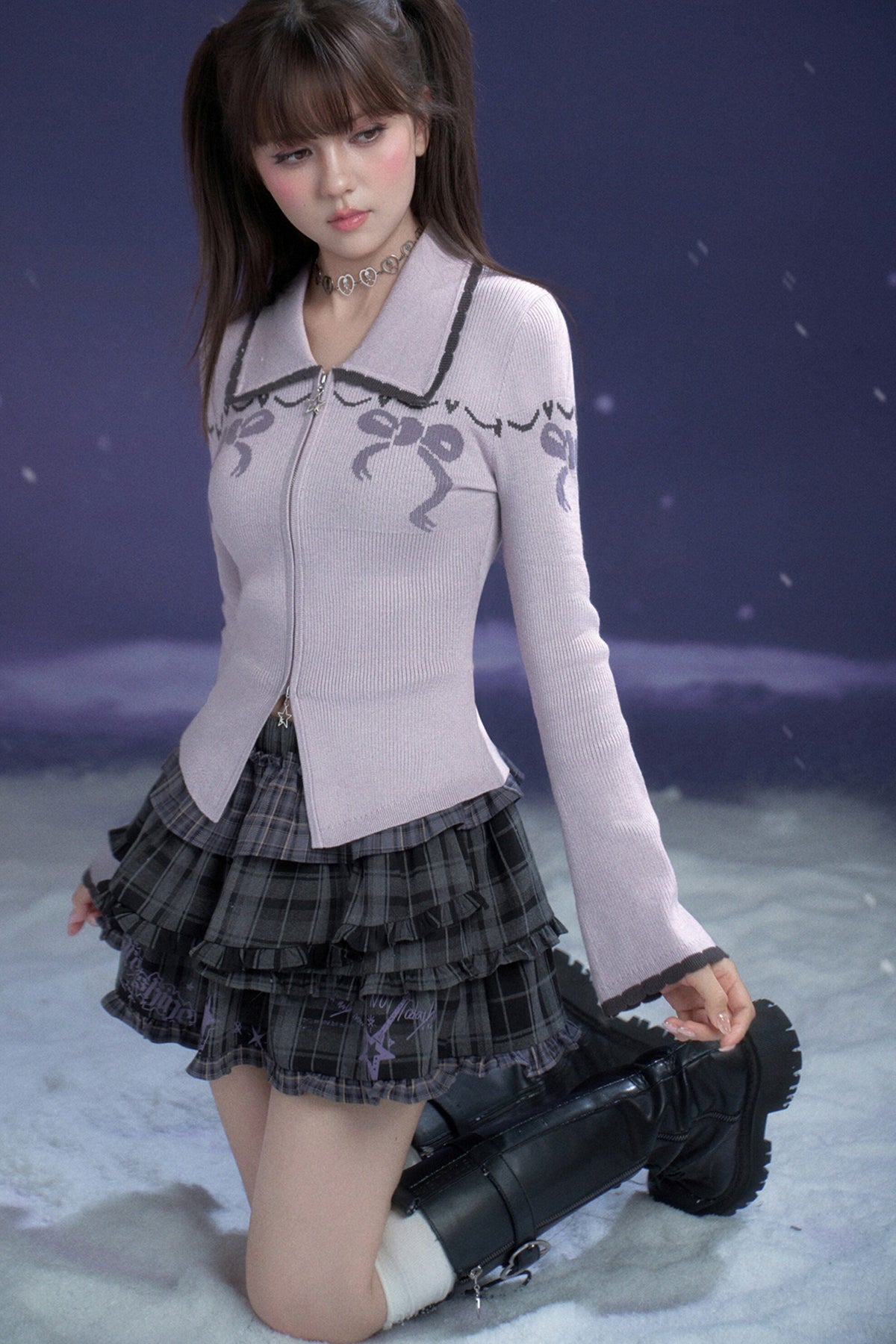 Milk Purple Bow Jacquard Turn-Down Collar Sweater