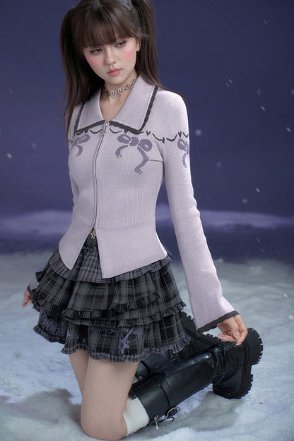 Milk Purple Bow Jacquard Turn-Down Collar Sweater