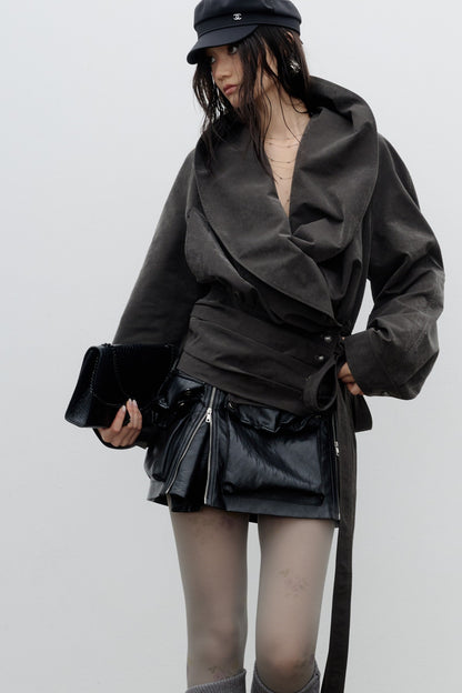 High-Waisted Belted Large Lapel Jacket