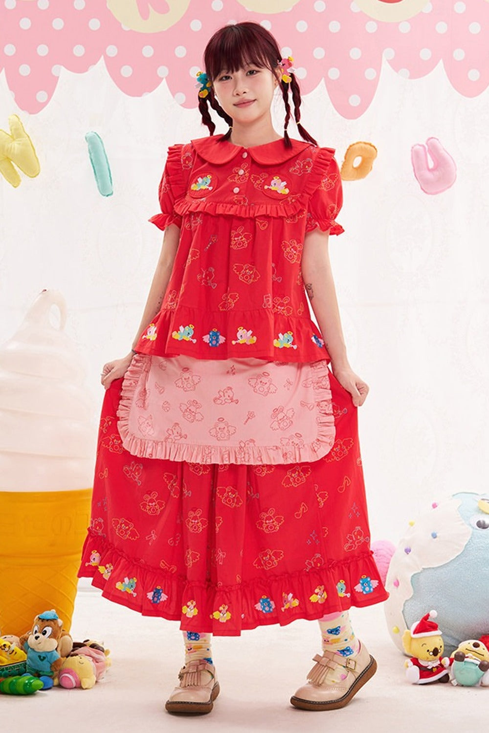 Red Animal Angel Embroidery Skirt