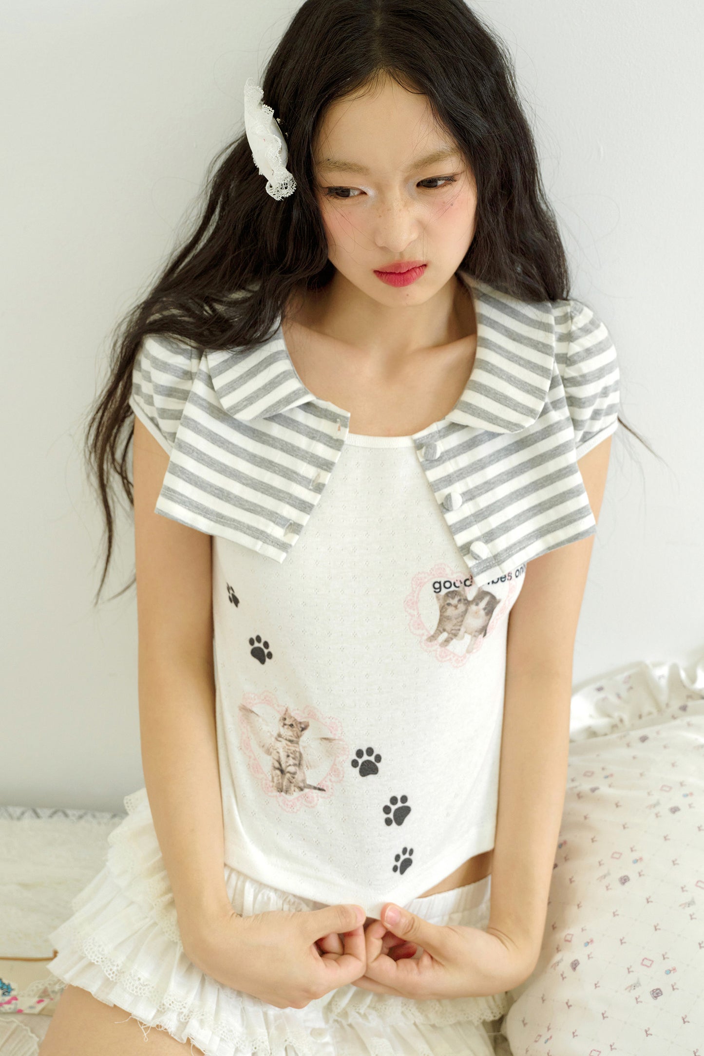 Cat Print Faux Two-Piece Knit Top