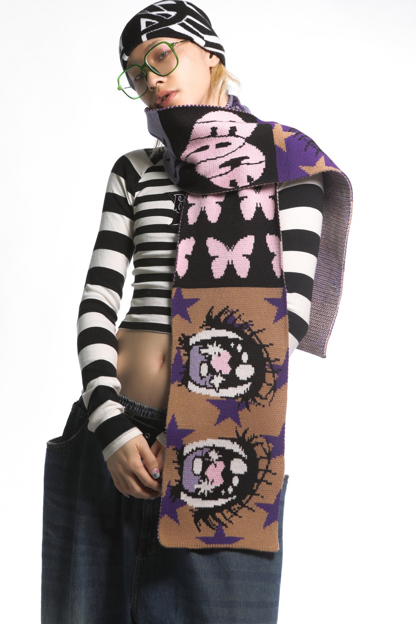 Comic Eye Knitted Long Scarf Set-Up