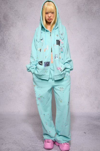 Bunny Ear Rhinestone Sticker Sweat Jacket