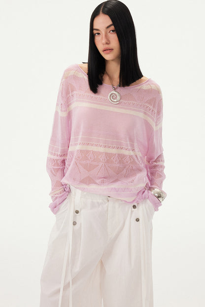 Pink Knit Hollow-Out Crochet-Style Pullover Top