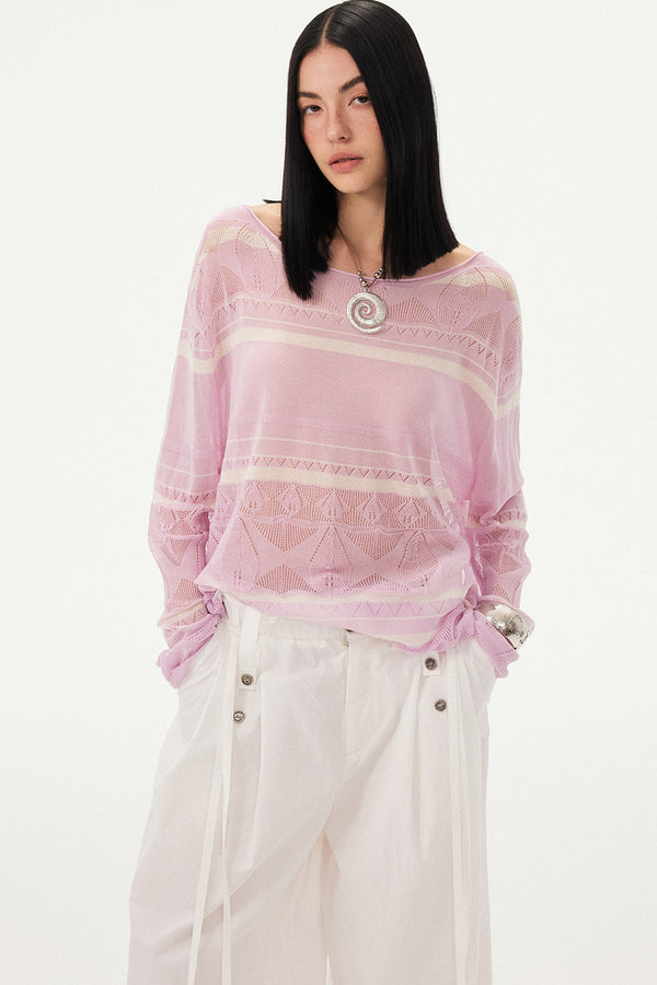Pink Knit Hollow-Out Crochet-Style Pullover Top
