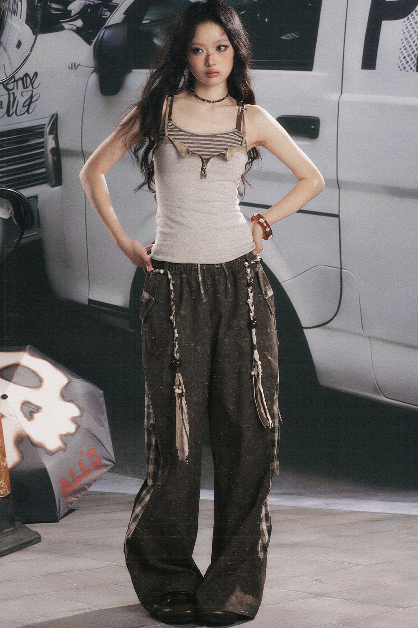 Pantalon large patchwork à carreaux