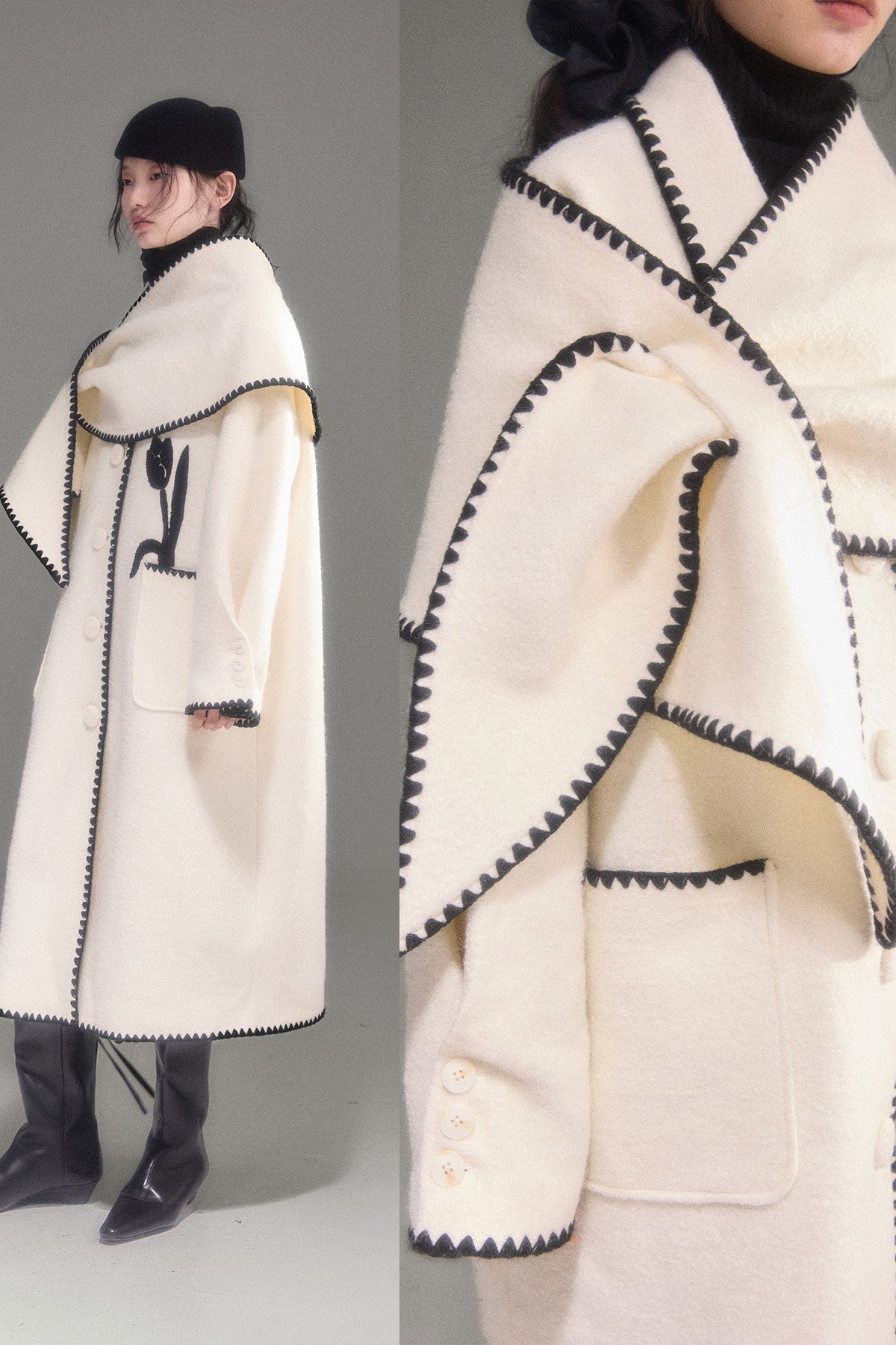 Cappotto lungo in lana ricamato con collo a scialle a tulipano