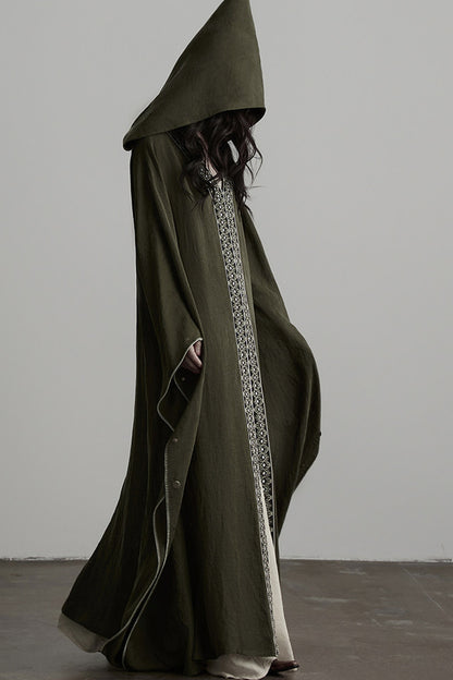 Dark Forest Green Embroidered Detachable Hood Cape