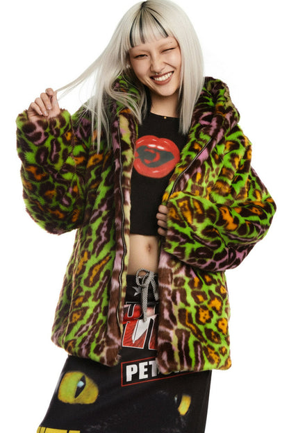 Leopard Print Fur Hooded Jacket