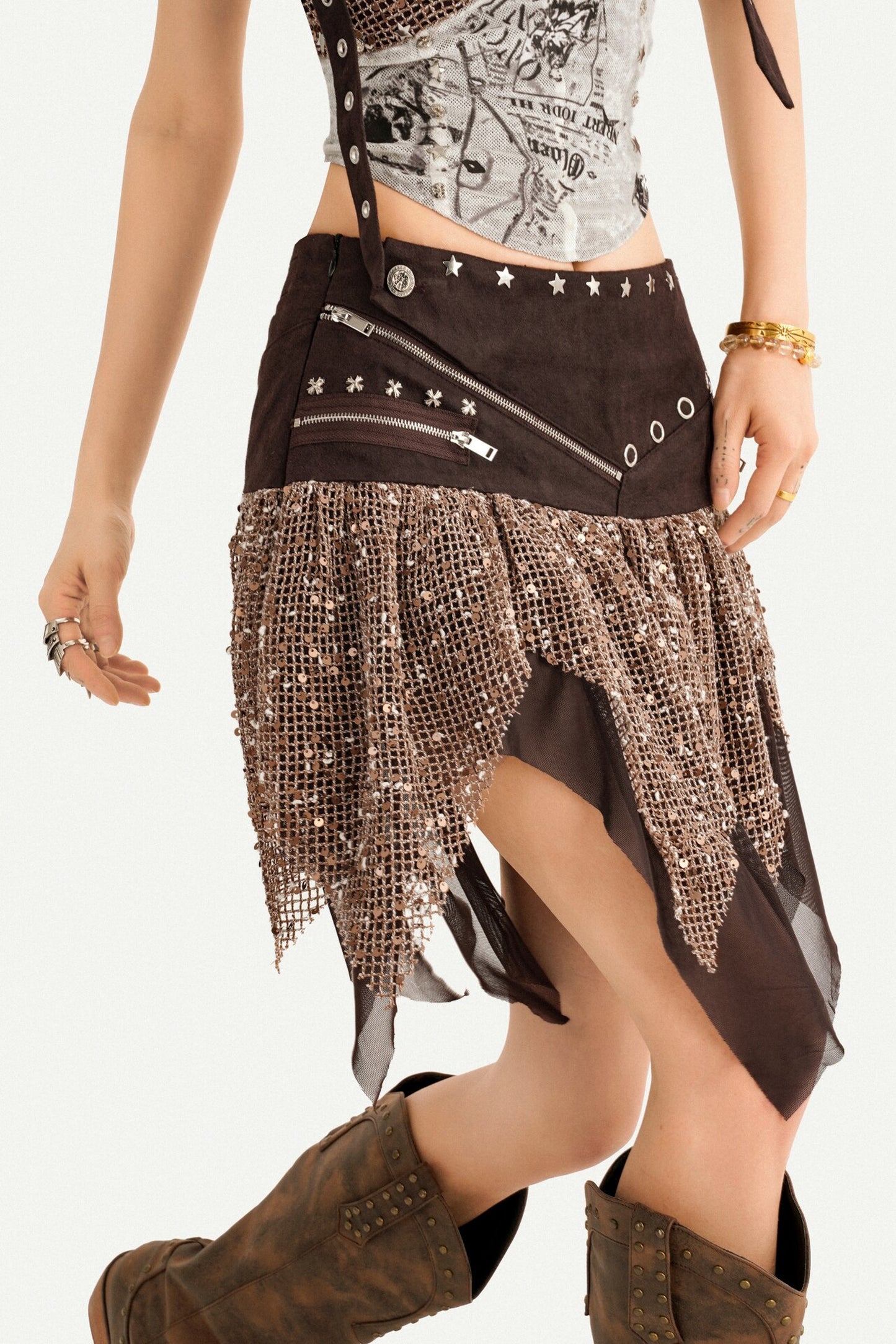 Western Sequin Asymmetrical Mini Skirt