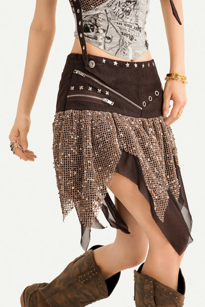 Western Sequin Asymmetrical Mini Skirt