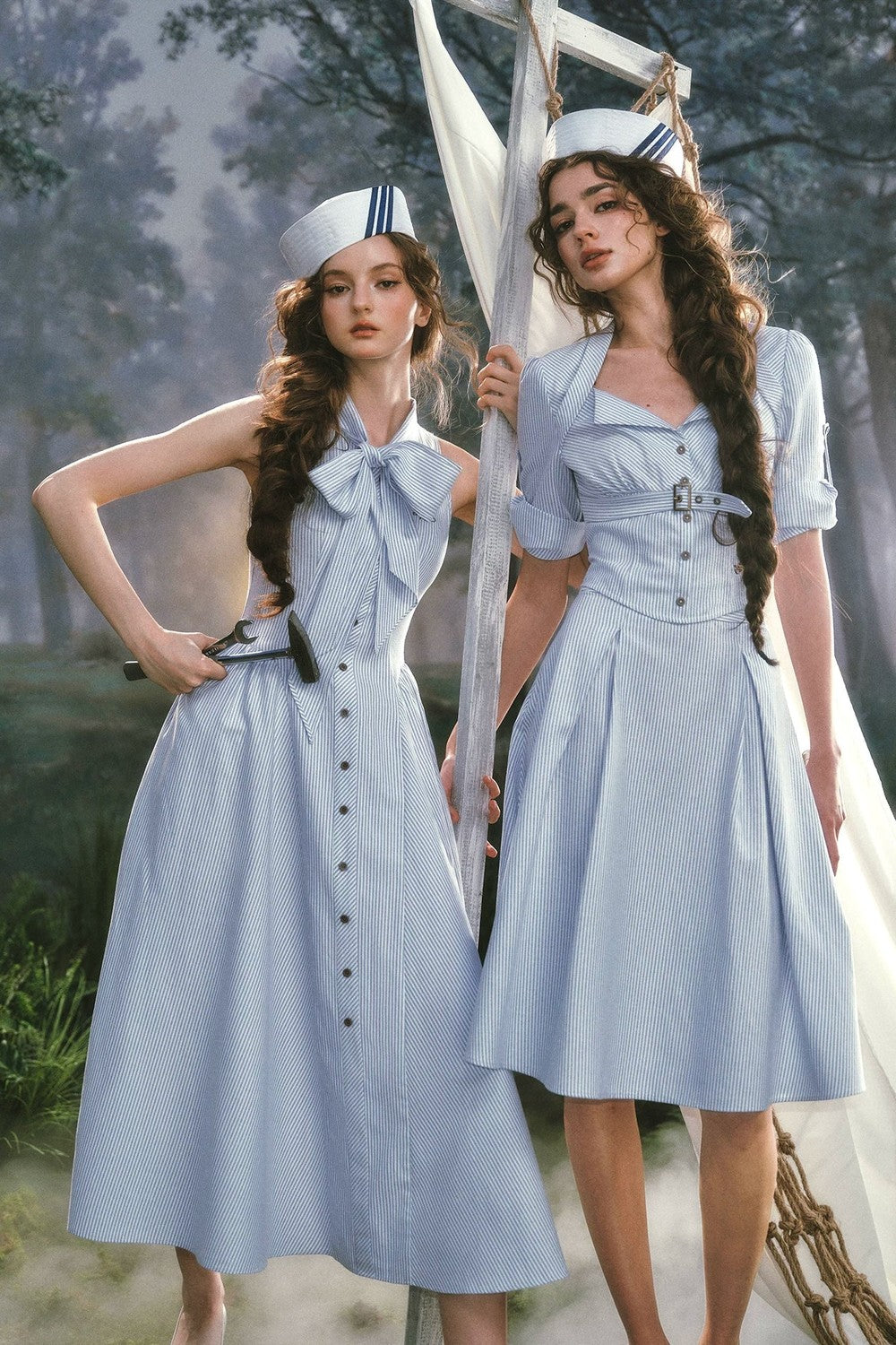 French Vintage Striped Shirt Dress Set-Up