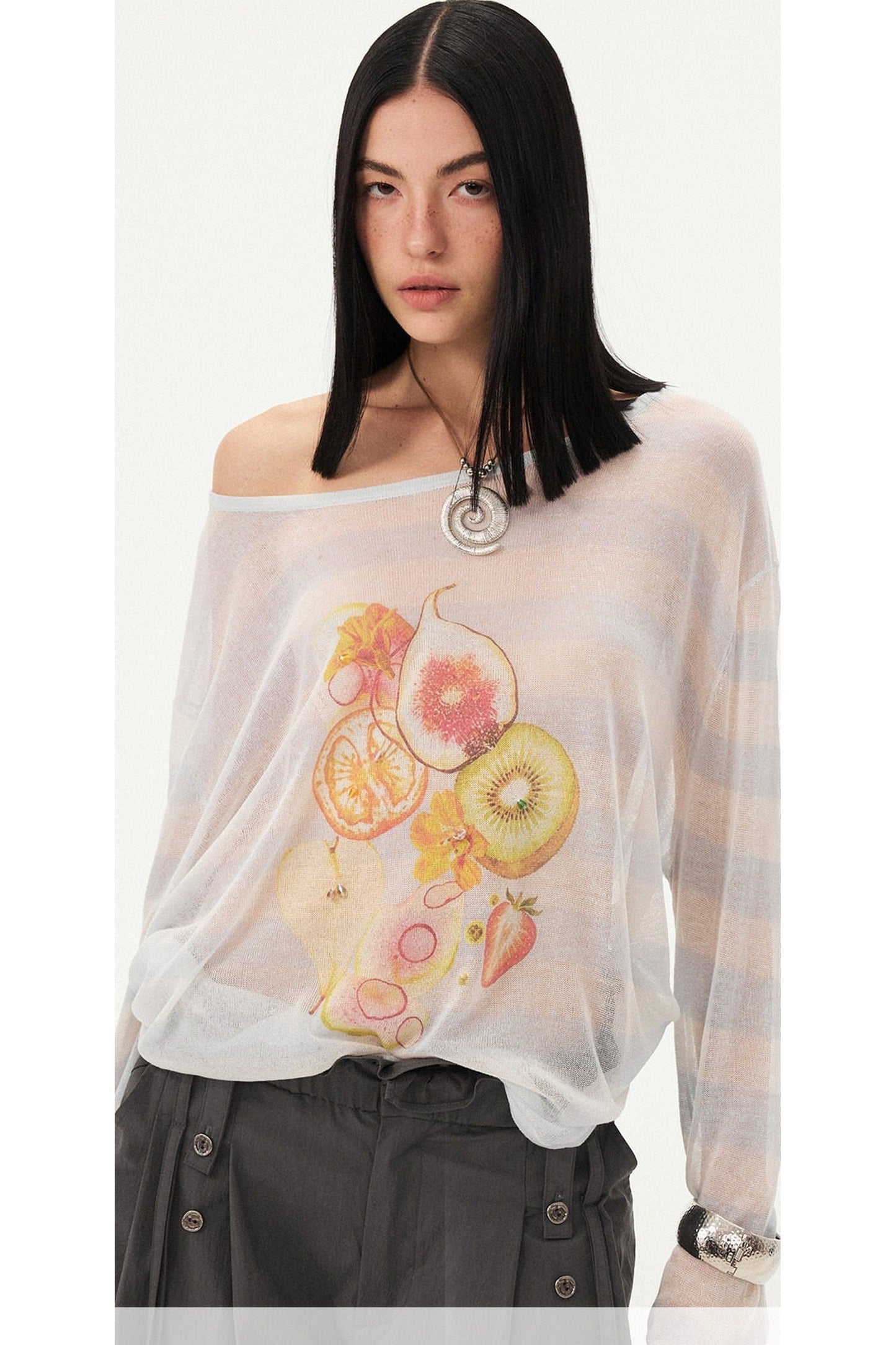 Gestreifte Bluse mit Fruchtprint und asymmetrischer Schulter