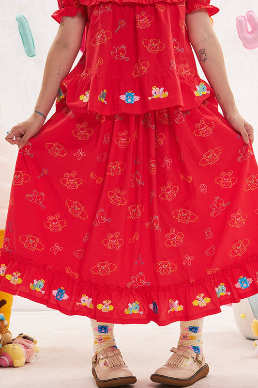 Red Animal Angel Embroidery Skirt
