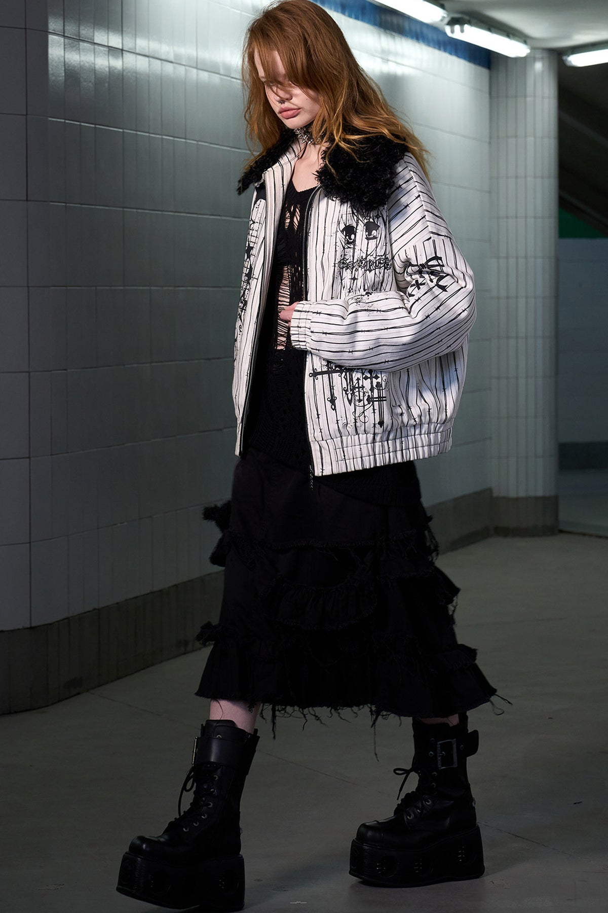 Detachable Fur Collar Thorn Stripe Jacket
